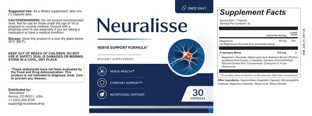 The full Neuralisse label wrap: suggested use, caution and storage on the left, the front panel reading NERVE SUPPORT FORMULA in the middle, and the Supplement Facts panel on the right
